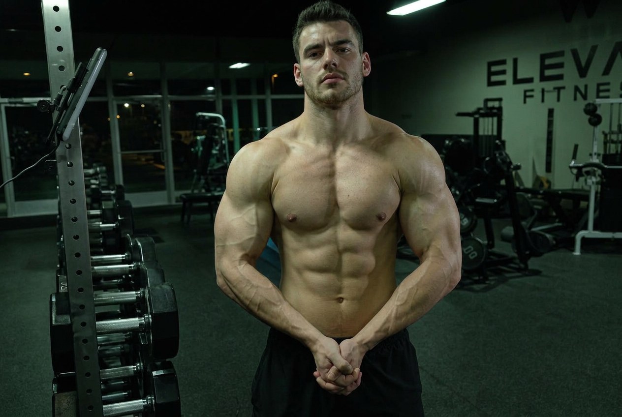 The same man flexing in the same gym with the light switched off, lit only by flat overhead fluorescents, with muscle definition and veins washed out