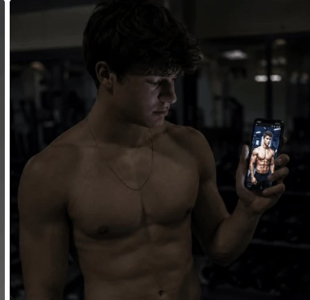 Athlete standing in a dark gym looking at his phone, the screen showing another, far better-lit physique