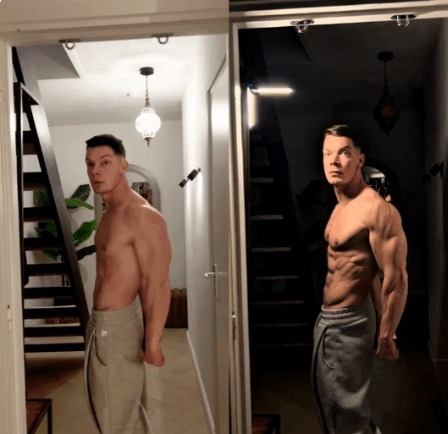 Split comparison in a dark gym hallway mirror: the same athlete flat under a warm ceiling light on the left, sharply defined by angled light on the right